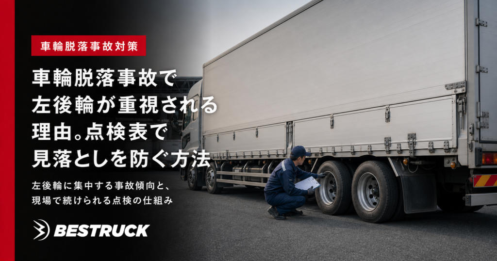 大型トラックの左後輪を点検する整備担当者