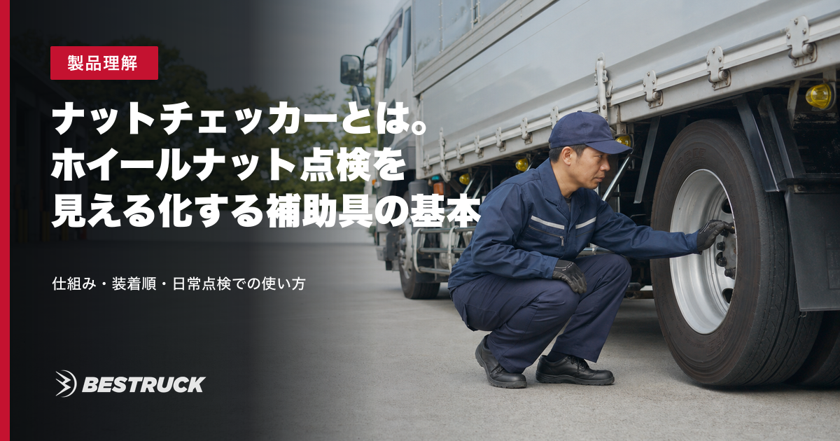 ナットチェッカーで大型車のホイールナットを目視点検する作業員
